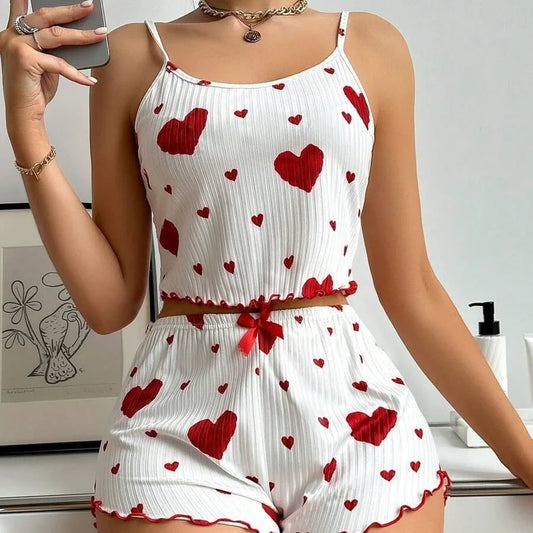 Women's Pajamas Set Sleepwear 2 PCS Short Tank Tops And Shorts S M L White Ventilate Soft Casual Love Printing