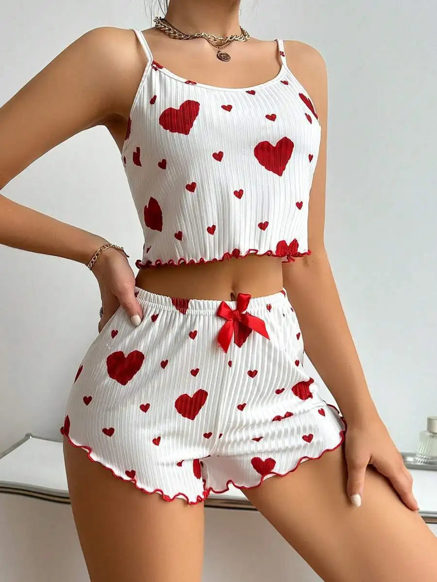 Women's Pajamas Set Sleepwear 2 PCS Short Tank Tops And Shorts S M L White Ventilate Soft Casual Love Printing