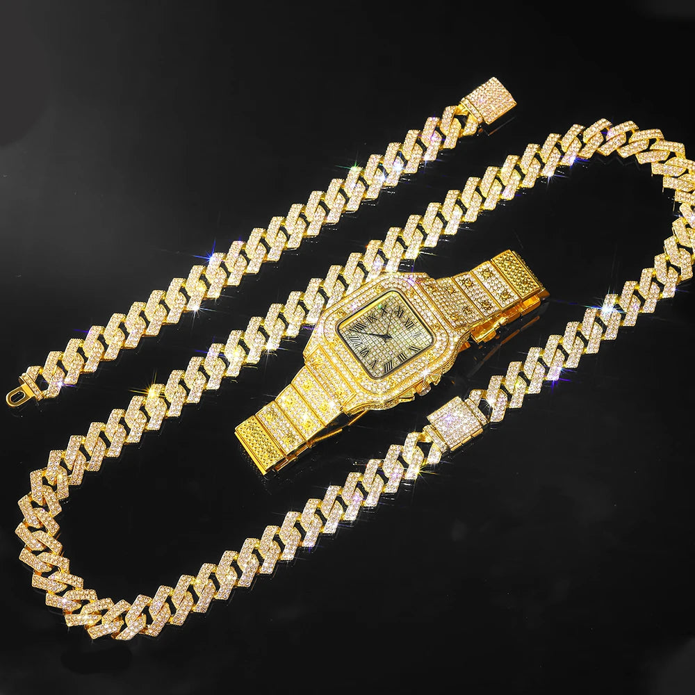 Gold Color Cuban Chain Watch for Men,Hip Hop Miami Curb,Iced Out Paved Rhinestones,Bling Rapper Necklace, Watch+Bracelet Jewellery