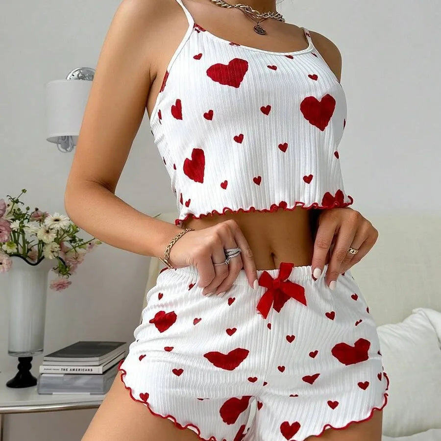 Women's Pajamas Set Sleepwear 2 PCS Short Tank Tops And Shorts S M L White Ventilate Soft Casual Love Printing