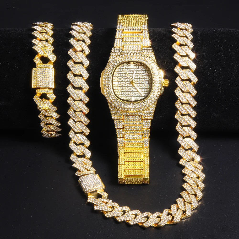 Gold Color Cuban Chain Watch for Men,Hip Hop Miami Curb,Iced Out Paved Rhinestones,Bling Rapper Necklace, Watch+Bracelet Jewellery