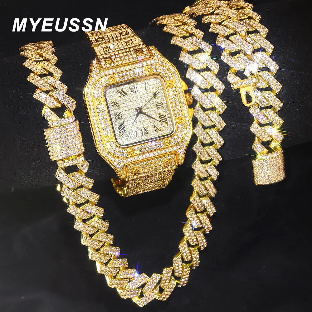 Gold Color Cuban Chain Watch for Men,Hip Hop Miami Curb,Iced Out Paved Rhinestones,Bling Rapper Necklace, Watch+Bracelet Jewellery