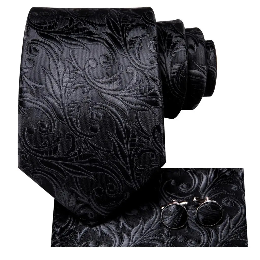 Hi-Tie Black Floral Silk Wedding Tie For Men Handky Cufflink Elegant Necktie For Men Fashion Designer Business Party Dropshiping