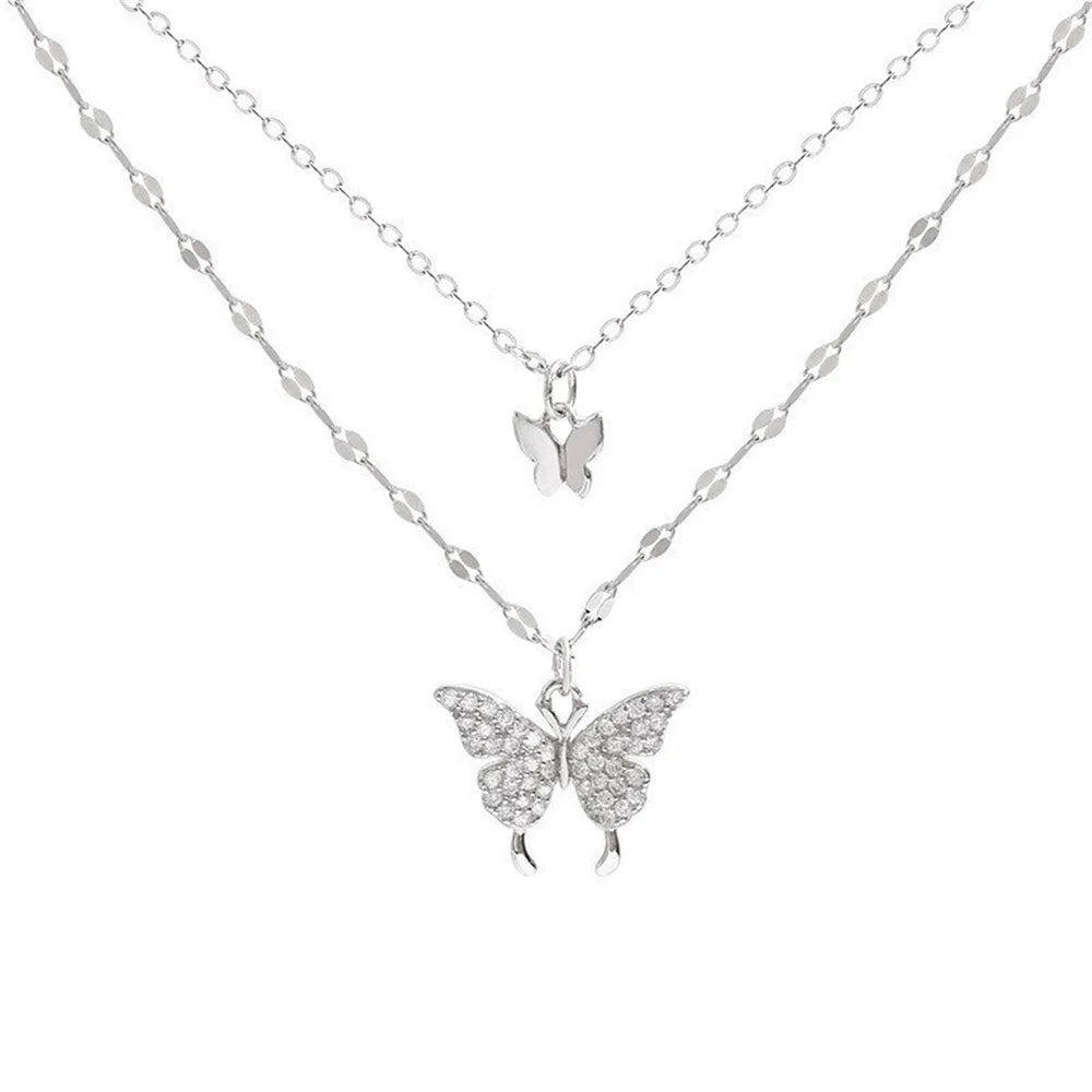 New Shiny Butterfly Necklace Ladies Exquisite Double Layer Clavicle Chain Necklace Jewellery for Ladies Gift