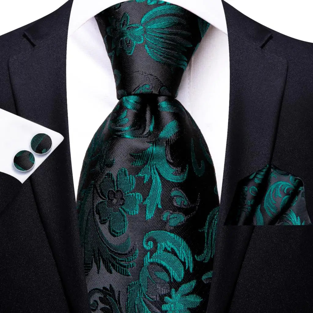 Hi-Tie Black Floral Silk Wedding Tie For Men Handky Cufflink Elegant Necktie For Men Fashion Designer Business Party Dropshiping