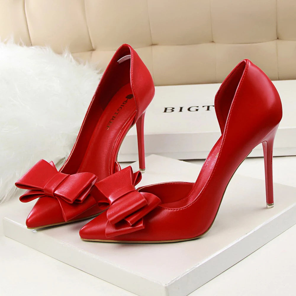 Fashion Women's Shoes Wedding Bow High Heels Stiletto Heels Shallow Pointed Head Side Empty Thin Shoes