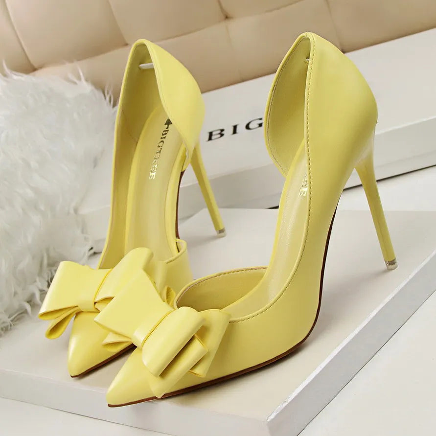 Fashion Women's Shoes Wedding Bow High Heels Stiletto Heels Shallow Pointed Head Side Empty Thin Shoes