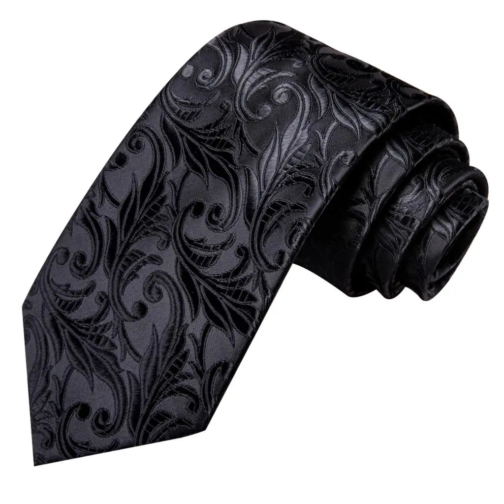 Hi-Tie Black Floral Silk Wedding Tie For Men Handky Cufflink Elegant Necktie For Men Fashion Designer Business Party Dropshiping