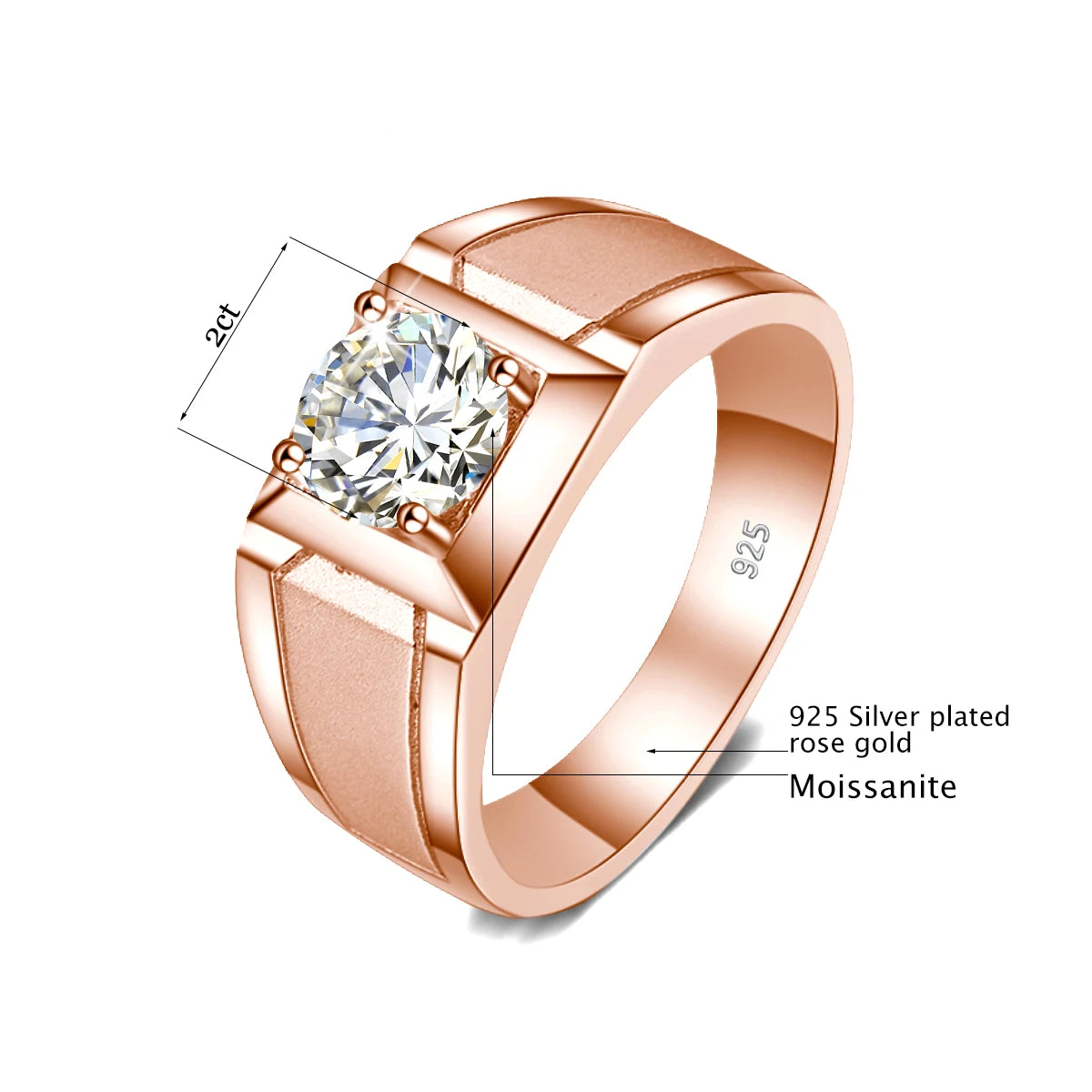 2 Carat Moissanite Rings For Men 925 Sterling Silver White Gold plated Mens Jewellery