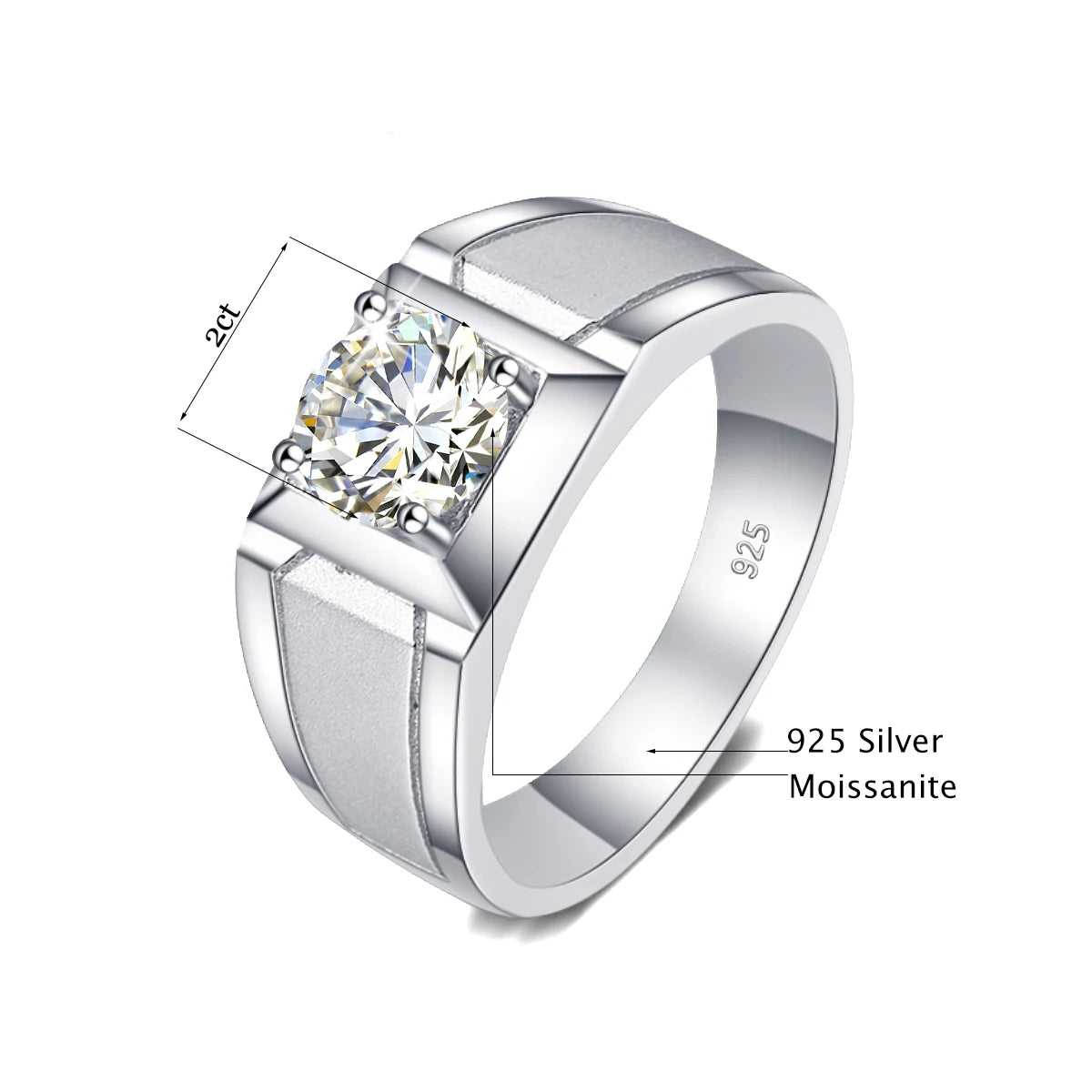 2 Carat Moissanite Rings For Men 925 Sterling Silver White Gold plated Mens Jewellery