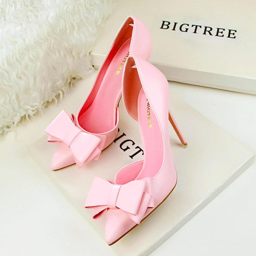 Fashion Women's Shoes Wedding Bow High Heels Stiletto Heels Shallow Pointed Head Side Empty Thin Shoes