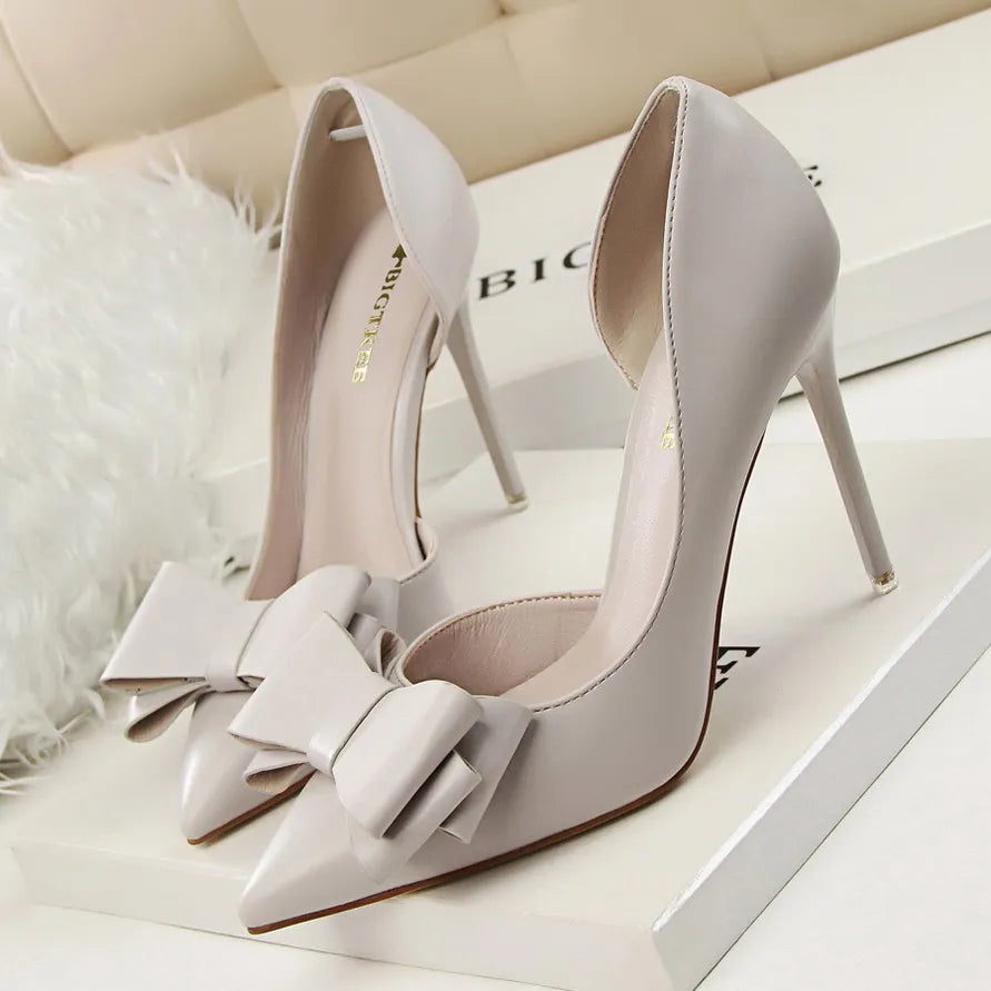 Fashion Women's Shoes Wedding Bow High Heels Stiletto Heels Shallow Pointed Head Side Empty Thin Shoes