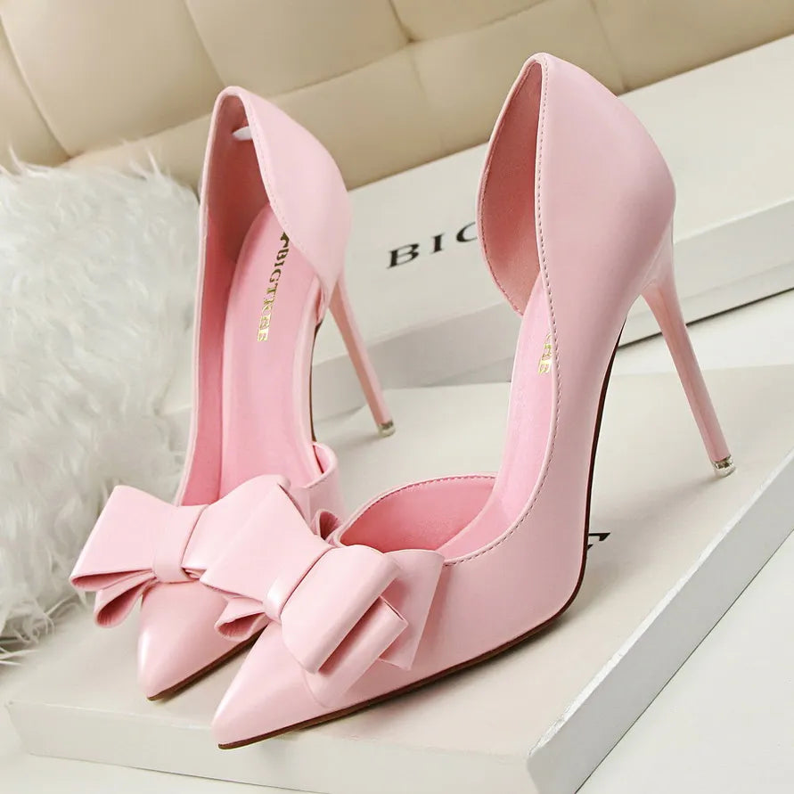 Fashion Women's Shoes Wedding Bow High Heels Stiletto Heels Shallow Pointed Head Side Empty Thin Shoes