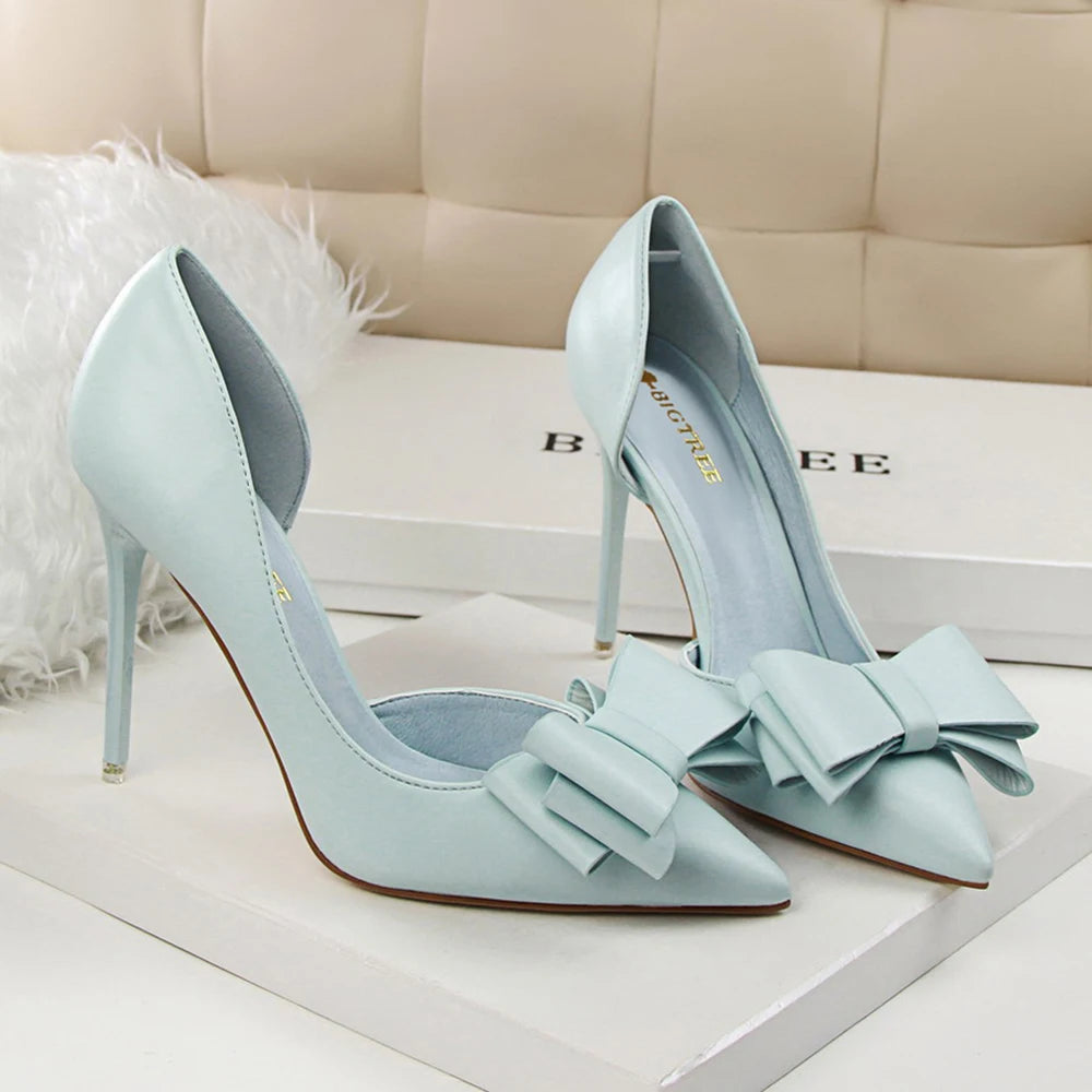 Fashion Women's Shoes Wedding Bow High Heels Stiletto Heels Shallow Pointed Head Side Empty Thin Shoes