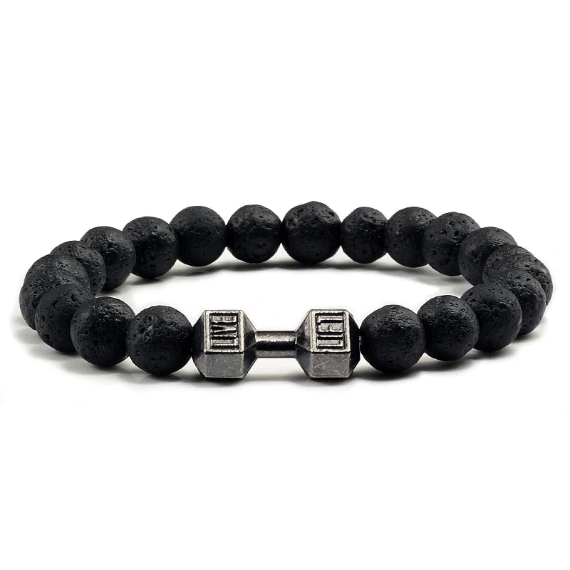 Natural Volcanic Stone Bracelet Men Matte Black Lave White Beads Charm Dumbbell Strand Bracelets Unisex Barbell Fitness Jewellery