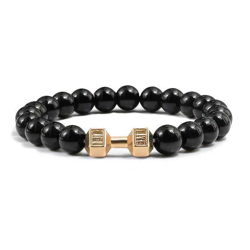 Natural Volcanic Stone Bracelet Men Matte Black Lave White Beads Charm Dumbbell Strand Bracelets Unisex Barbell Fitness Jewellery