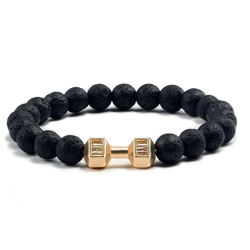 Natural Volcanic Stone Bracelet Men Matte Black Lave White Beads Charm Dumbbell Strand Bracelets Unisex Barbell Fitness Jewellery