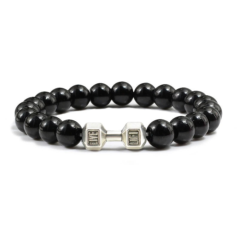 Natural Volcanic Stone Bracelet Men Matte Black Lave White Beads Charm Dumbbell Strand Bracelets Unisex Barbell Fitness Jewellery