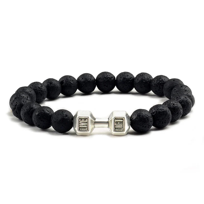 Natural Volcanic Stone Bracelet Men Matte Black Lave White Beads Charm Dumbbell Strand Bracelets Unisex Barbell Fitness Jewellery