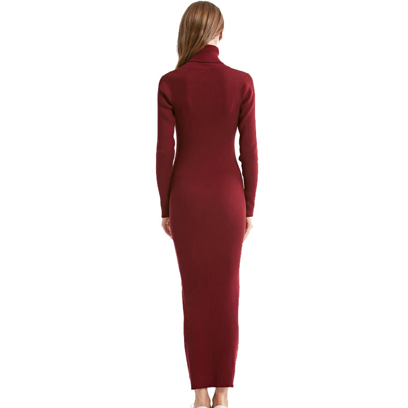 Fashion Women Sexy Party Dress Knit Style Long Sleeve Turtleneck Winter Maxi Dress Slim Work Wear Office Dress Vestidos