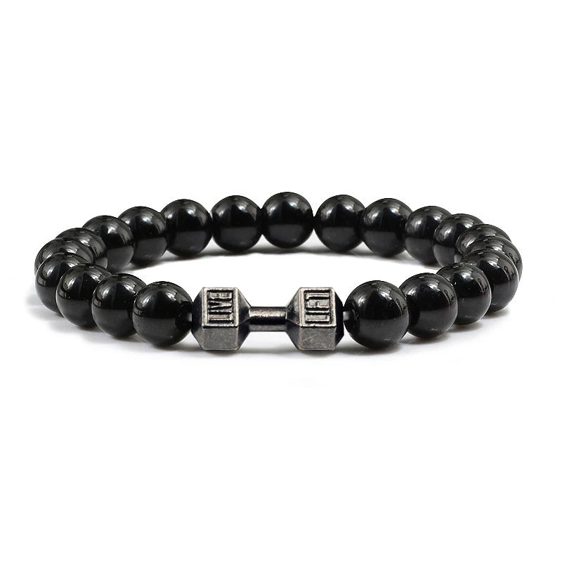 Natural Volcanic Stone Bracelet Men Matte Black Lave White Beads Charm Dumbbell Strand Bracelets Unisex Barbell Fitness Jewellery