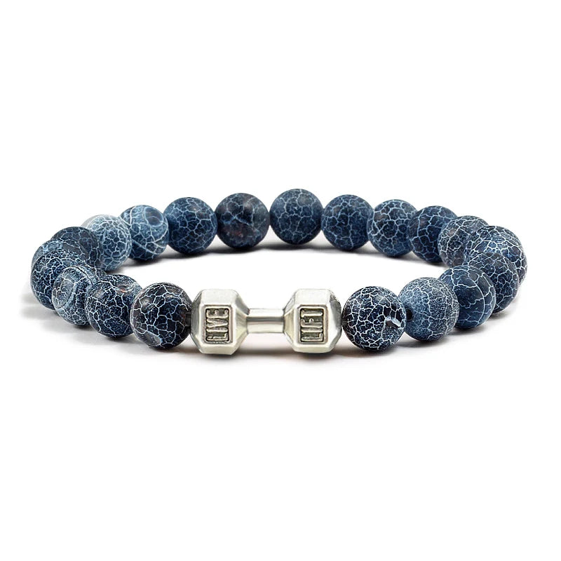 Natural Volcanic Stone Bracelet Men Matte Black Lave White Beads Charm Dumbbell Strand Bracelets Unisex Barbell Fitness Jewellery