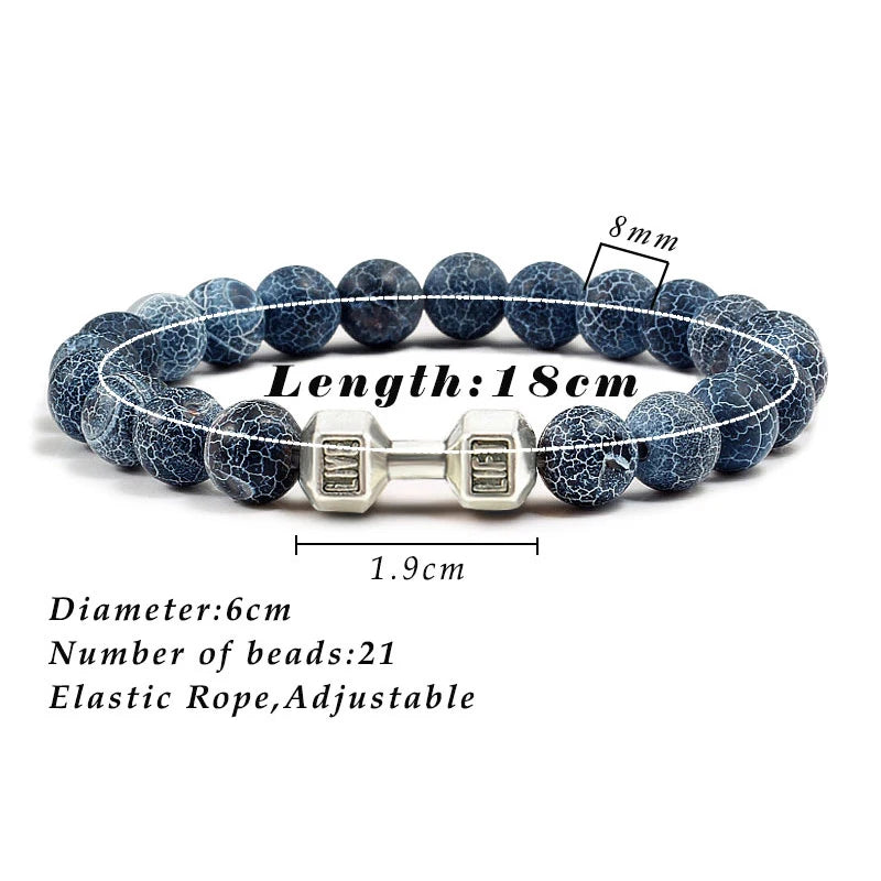 Natural Volcanic Stone Bracelet Men Matte Black Lave White Beads Charm Dumbbell Strand Bracelets Unisex Barbell Fitness Jewellery