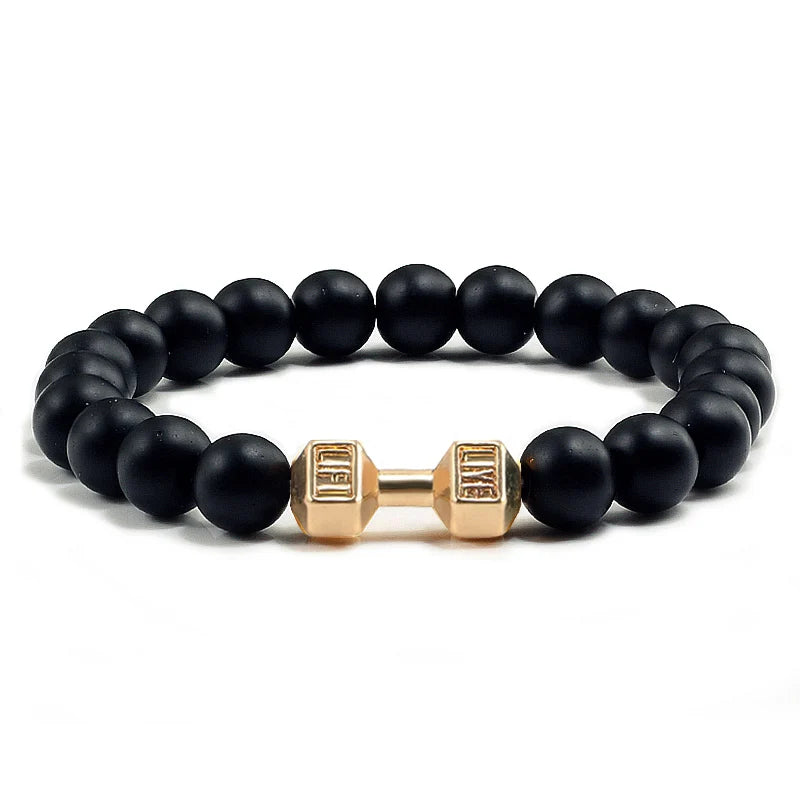 Natural Volcanic Stone Bracelet Men Matte Black Lave White Beads Charm Dumbbell Strand Bracelets Unisex Barbell Fitness Jewellery