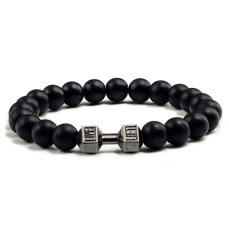 Natural Volcanic Stone Bracelet Men Matte Black Lave White Beads Charm Dumbbell Strand Bracelets Unisex Barbell Fitness Jewellery