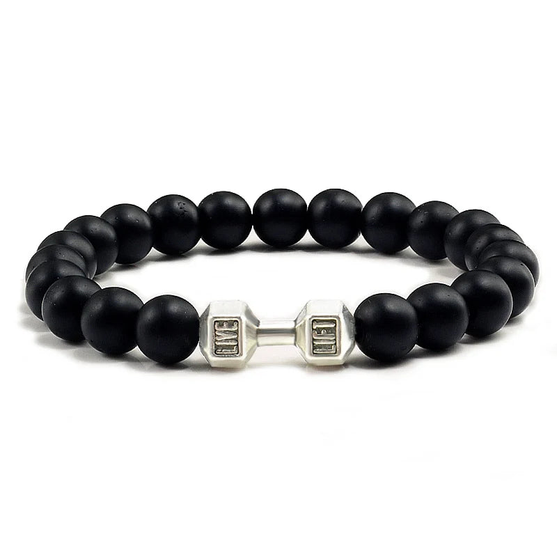 Natural Volcanic Stone Bracelet Men Matte Black Lave White Beads Charm Dumbbell Strand Bracelets Unisex Barbell Fitness Jewellery