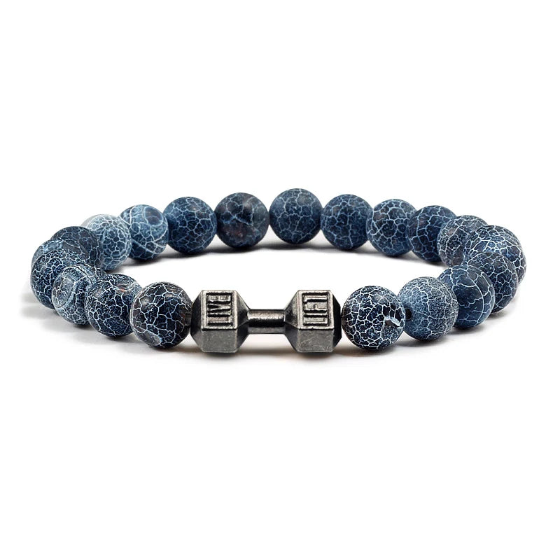 Natural Volcanic Stone Bracelet Men Matte Black Lave White Beads Charm Dumbbell Strand Bracelets Unisex Barbell Fitness Jewellery