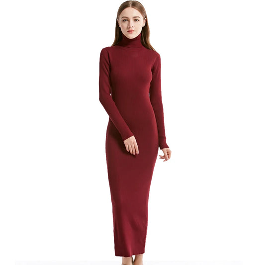 Fashion Women Sexy Party Dress Knit Style Long Sleeve Turtleneck Winter Maxi Dress Slim Work Wear Office Dress Vestidos