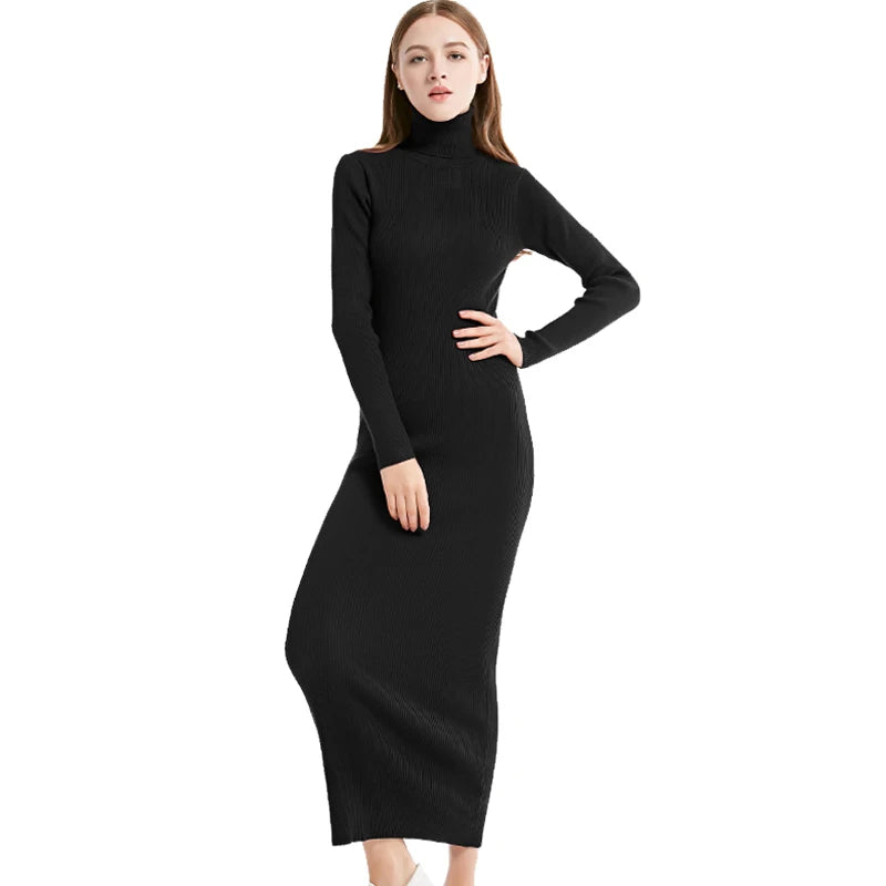 Fashion Women Sexy Party Dress Knit Style Long Sleeve Turtleneck Winter Maxi Dress Slim Work Wear Office Dress Vestidos