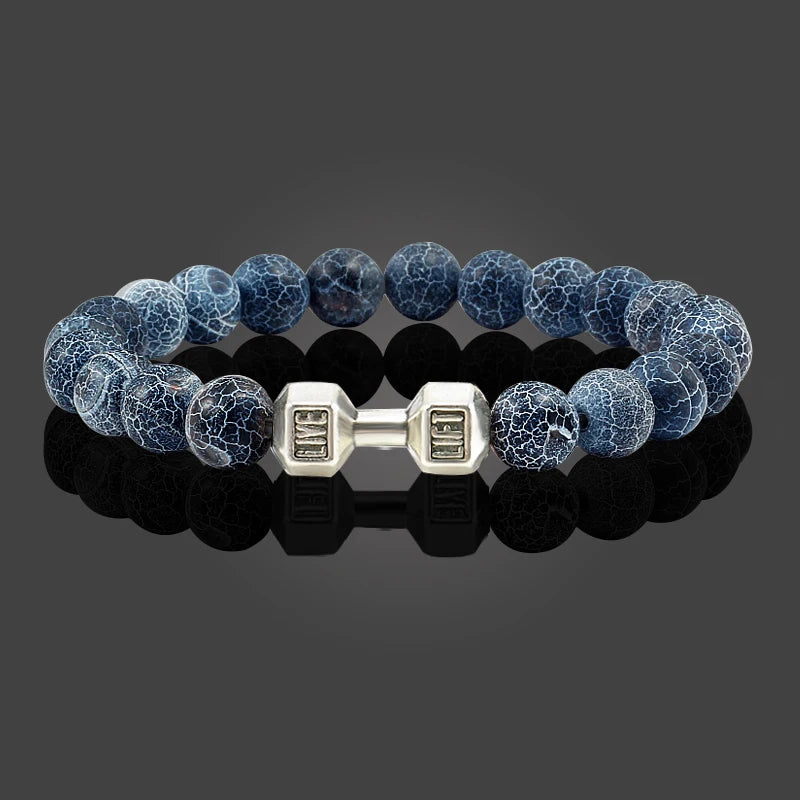 Natural Volcanic Stone Bracelet Men Matte Black Lave White Beads Charm Dumbbell Strand Bracelets Unisex Barbell Fitness Jewellery