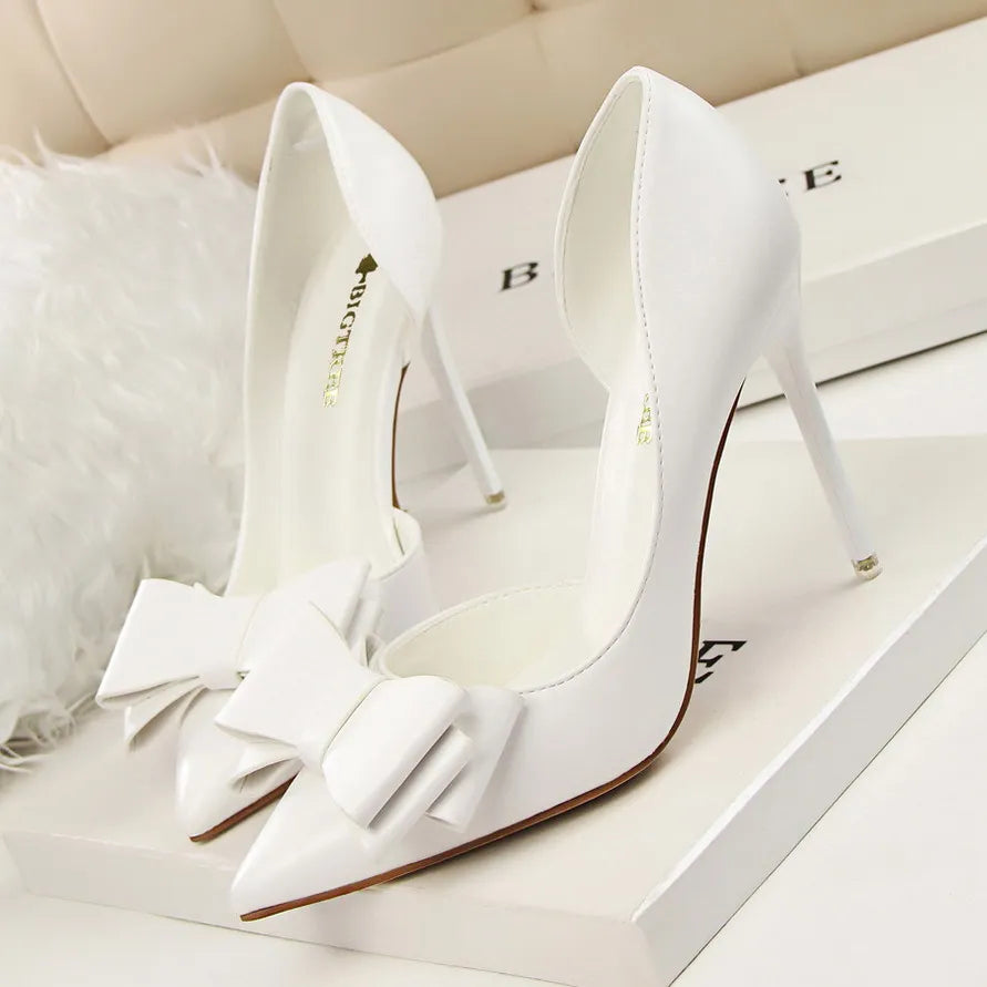 Fashion Women's Shoes Wedding Bow High Heels Stiletto Heels Shallow Pointed Head Side Empty Thin Shoes