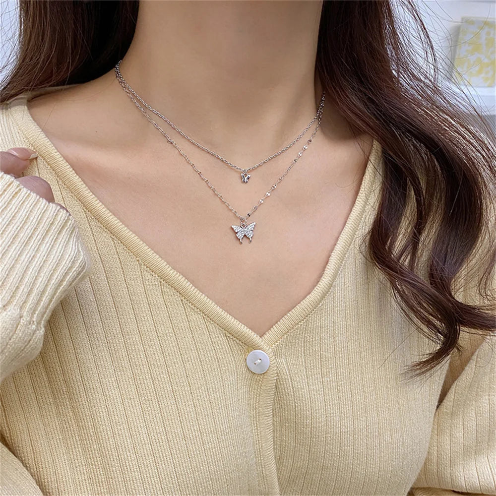 New Shiny Butterfly Necklace Ladies Exquisite Double Layer Clavicle Chain Necklace Jewellery for Ladies Gift