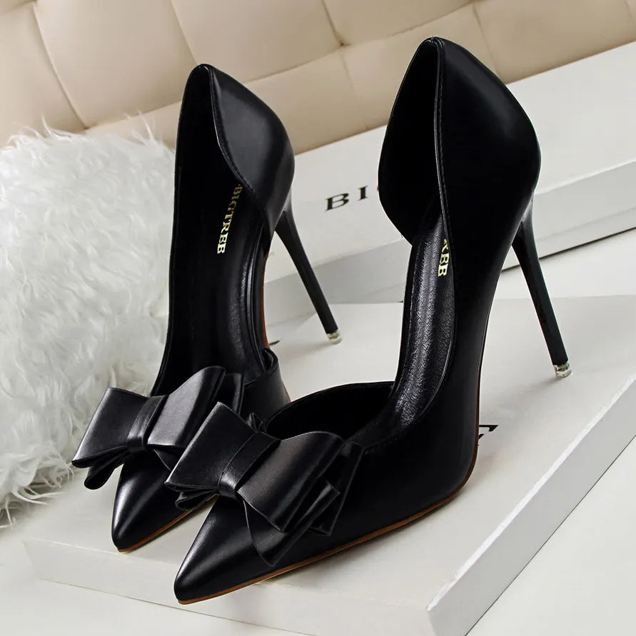 Fashion Women's Shoes Wedding Bow High Heels Stiletto Heels Shallow Pointed Head Side Empty Thin Shoes