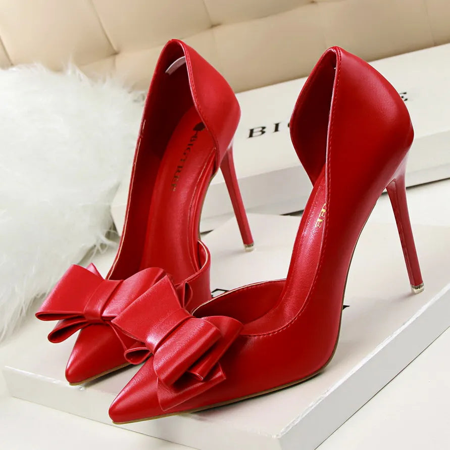 Fashion Women's Shoes Wedding Bow High Heels Stiletto Heels Shallow Pointed Head Side Empty Thin Shoes