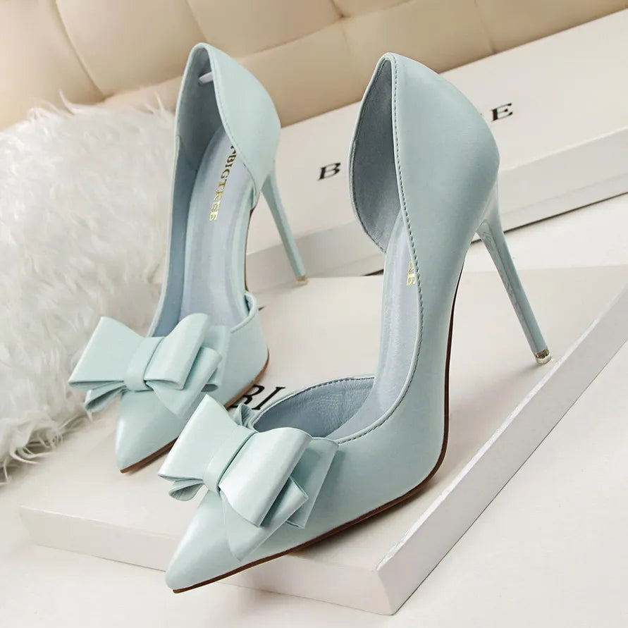 Fashion Women's Shoes Wedding Bow High Heels Stiletto Heels Shallow Pointed Head Side Empty Thin Shoes