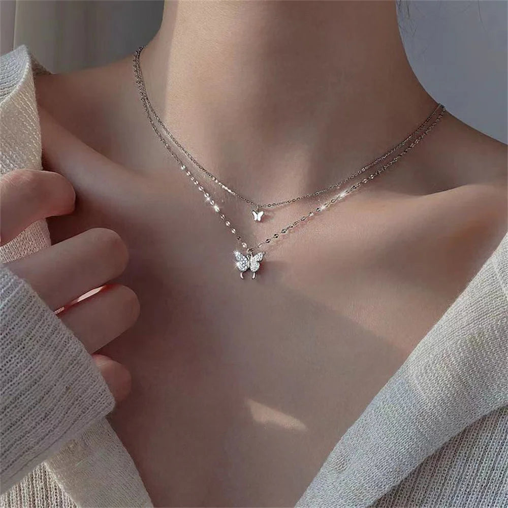 New Shiny Butterfly Necklace Ladies Exquisite Double Layer Clavicle Chain Necklace Jewellery for Ladies Gift