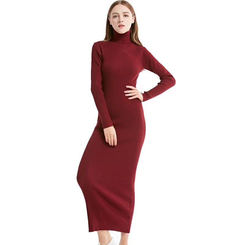 Fashion Women Sexy Party Dress Knit Style Long Sleeve Turtleneck Winter Maxi Dress Slim Work Wear Office Dress Vestidos