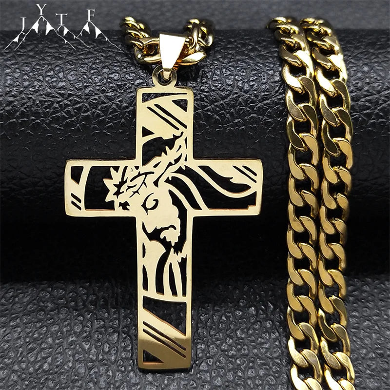 Hip Hop Punk Crown of Thorns Jesus Cross Necklace for Men Stainless Steel Gold Plated Crucifix Pendant Necklaces Jewellery