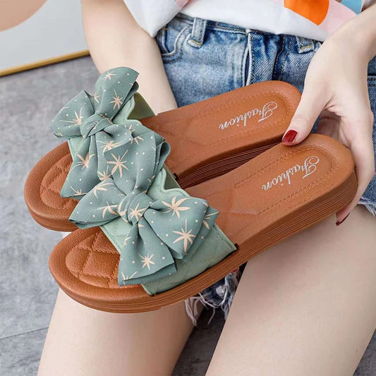 PVC Bow Women Sandals 3cm Thick Casual Shoes One line Elevated Flat Bottom Slippers