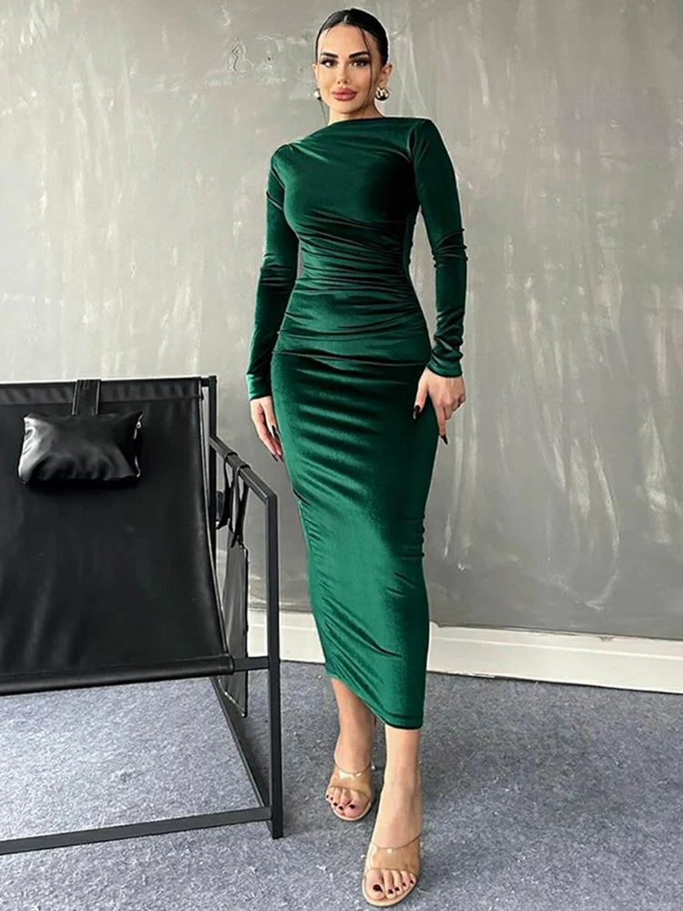 Velvet Long Sleeve Midi Dress For Women Ruched Long Dress Elegant Party Clothes Evening Green Outfits