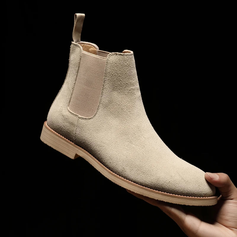 British Style Men's Genuine Suede Leather Chelsea Boots High-top Business Dress Shoes Fashion Warm Winter Men Riding Boots