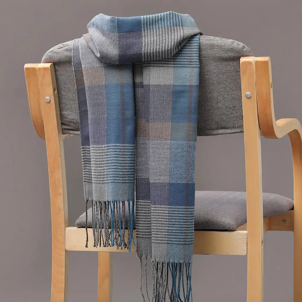 Men Scarf Plaid Fringed Tassels Cashmere Winter Scarf