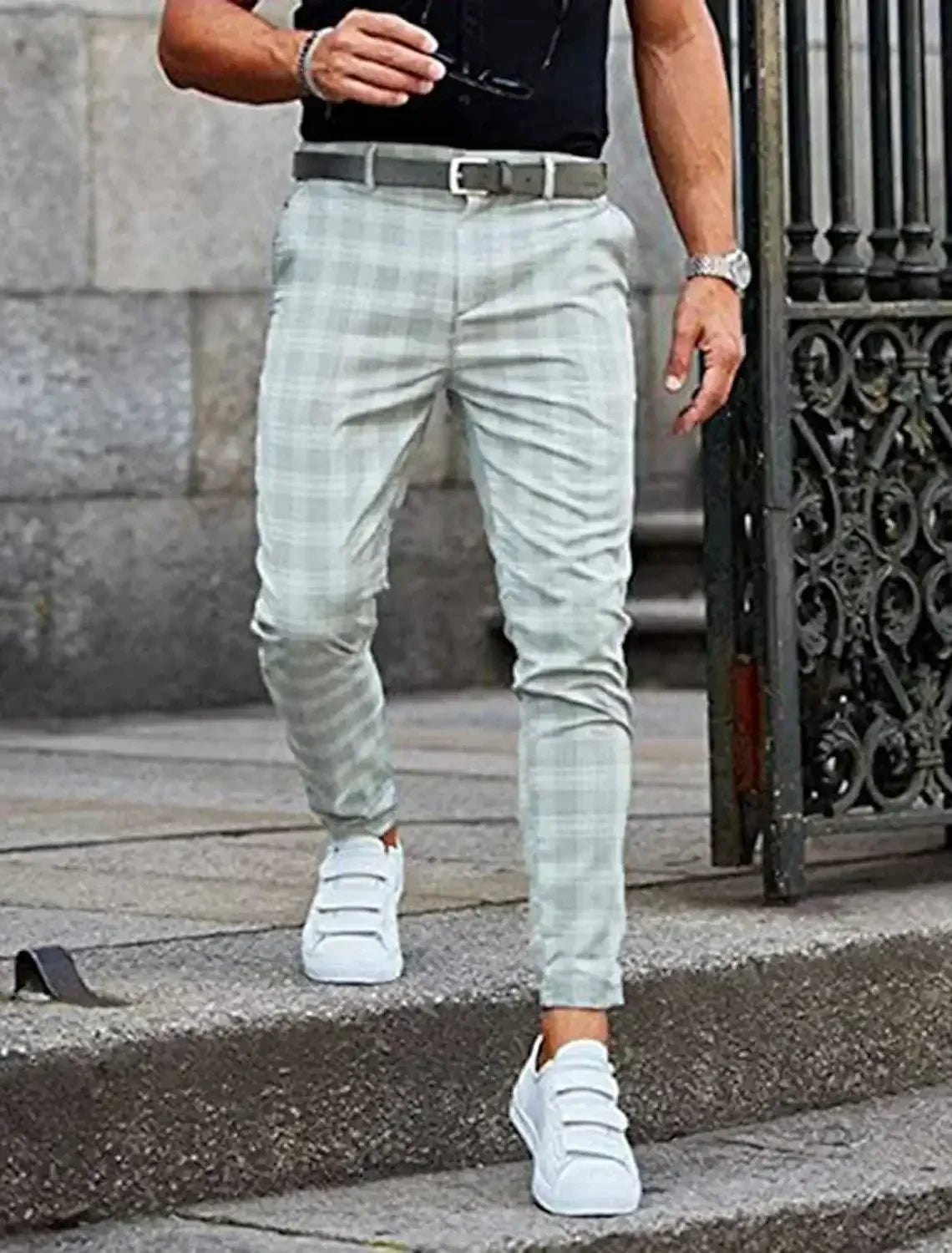 Men's Formal Business Suit Pants Fashion Mid-waist Print Plaid Trousers Spring Autumn Comfortable Elastic Pants for Men