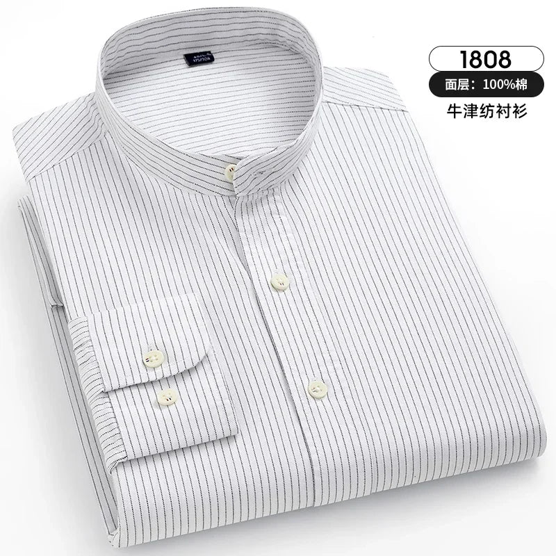 Stand-up Striped Shirt Cotton Long Sleeve Shirt Men Oxford Solid Color Korean Clothes Mens Fashion Male Social Formal Shirts