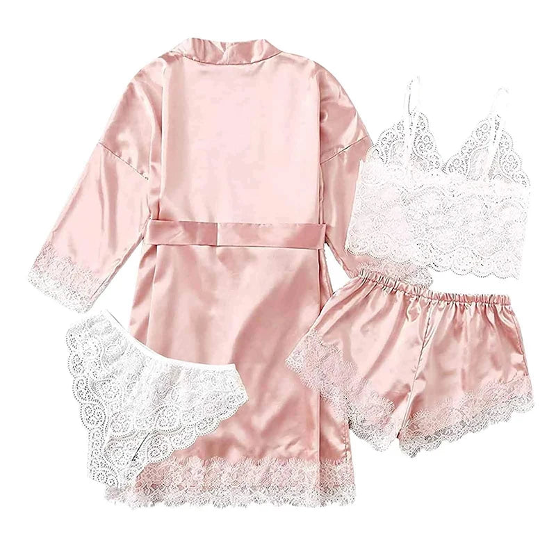 Four Piece Women's Sleepwear Set Nightgown Paired with Lace See Through Sexy Suspender Close Fitting Underwear Sleepwear Set