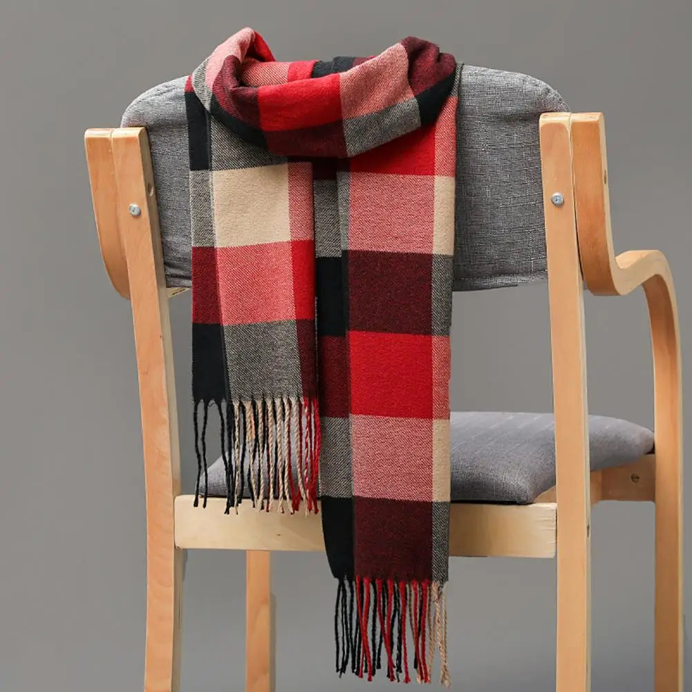 Men Scarf Plaid Fringed Tassels Cashmere Winter Scarf